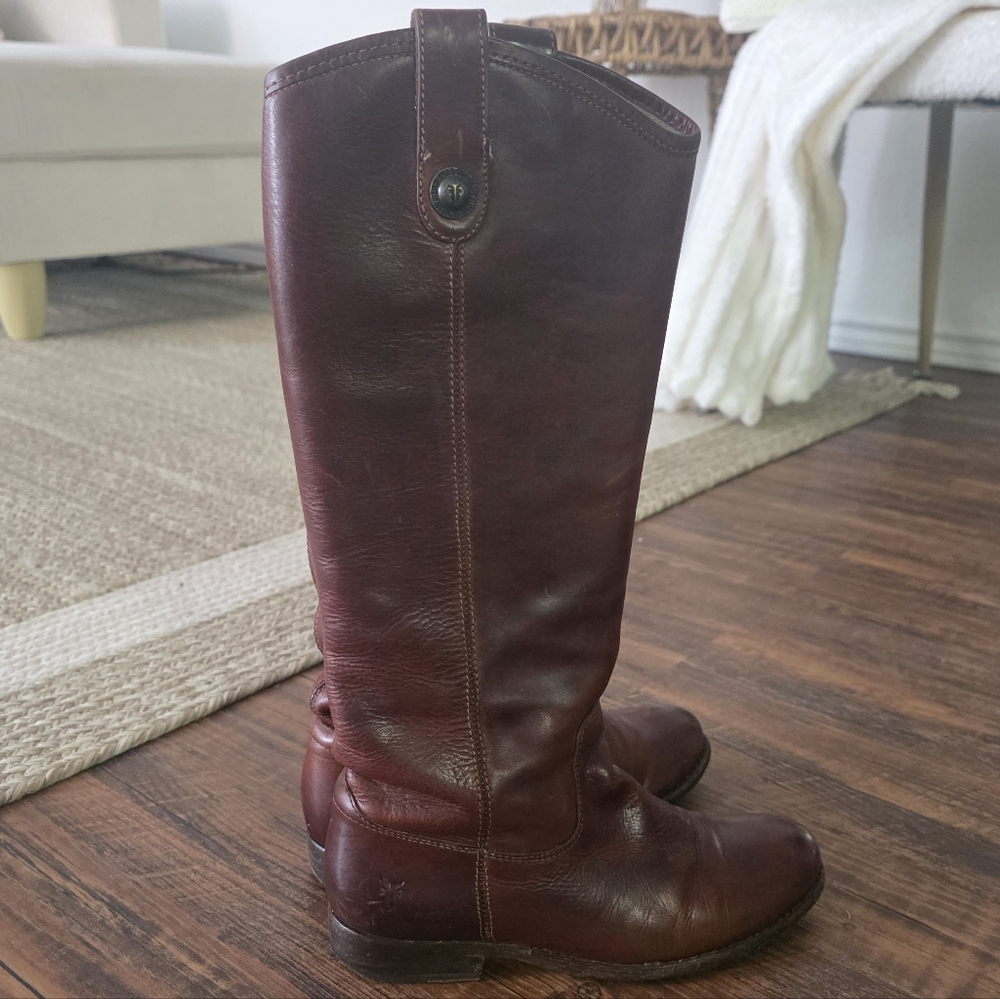Frye Melissa Lug Button Brown Leather Riding Boots 5 1/2 Western Burgundy